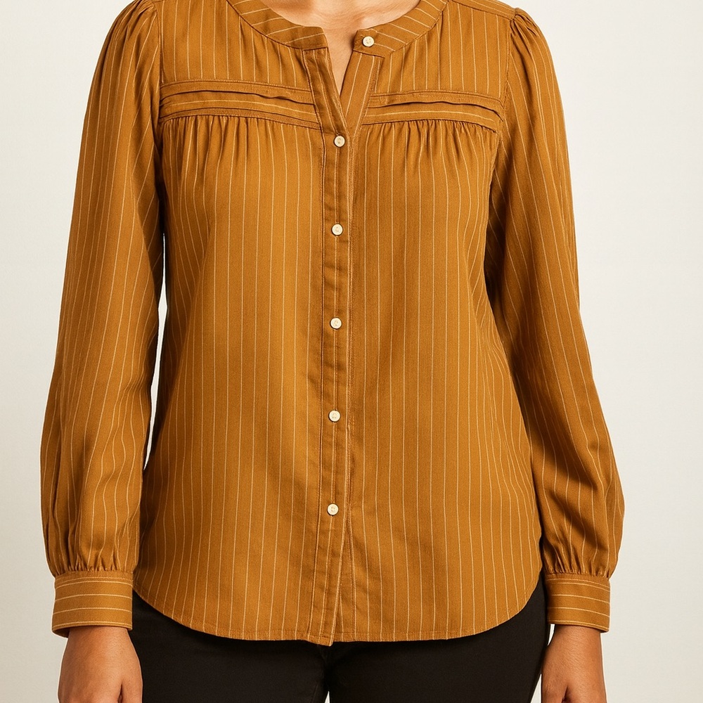 LOFT Brown Striped Button-Up Blouse